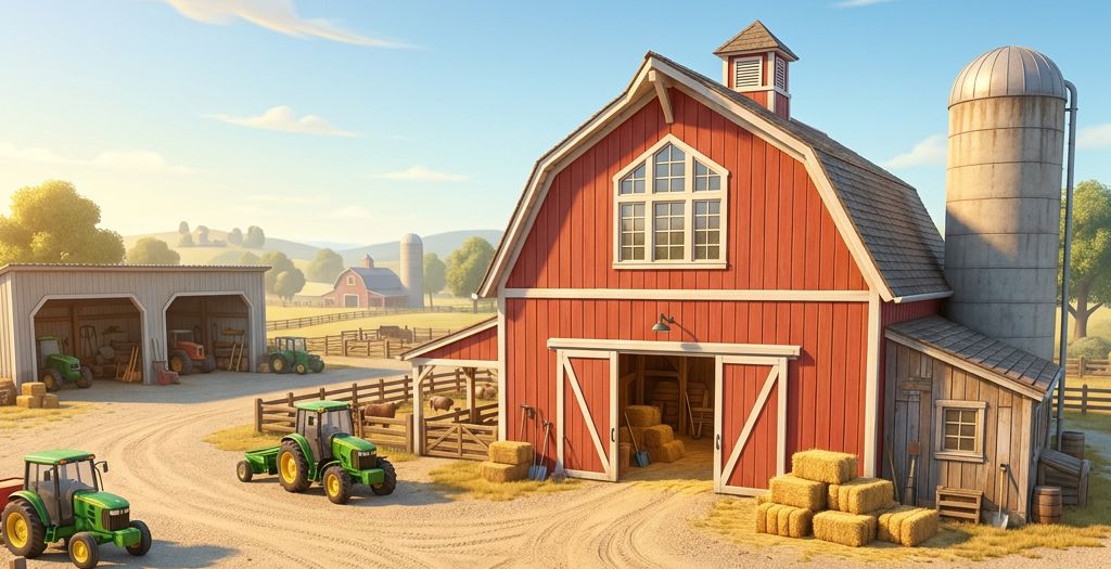A warm illustrated farm with a red barn, green tractors, hay bales, and golden light